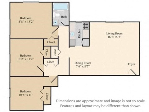 Floor plan for 3 beds, 1 bath, 912 sqft